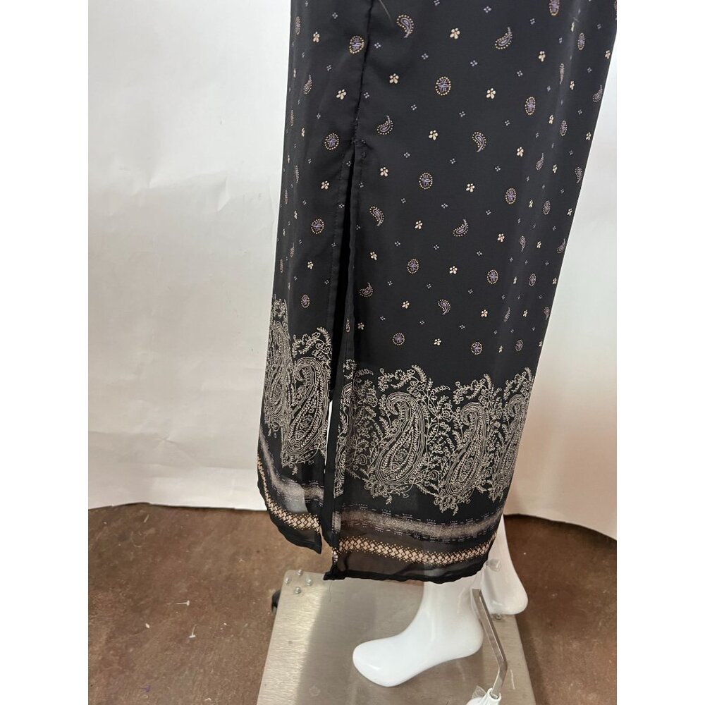 Vintage Black Midi Skirt sz 10  With Paisley & Floral Print Side Slit Button Clo - Picture 11 of 15